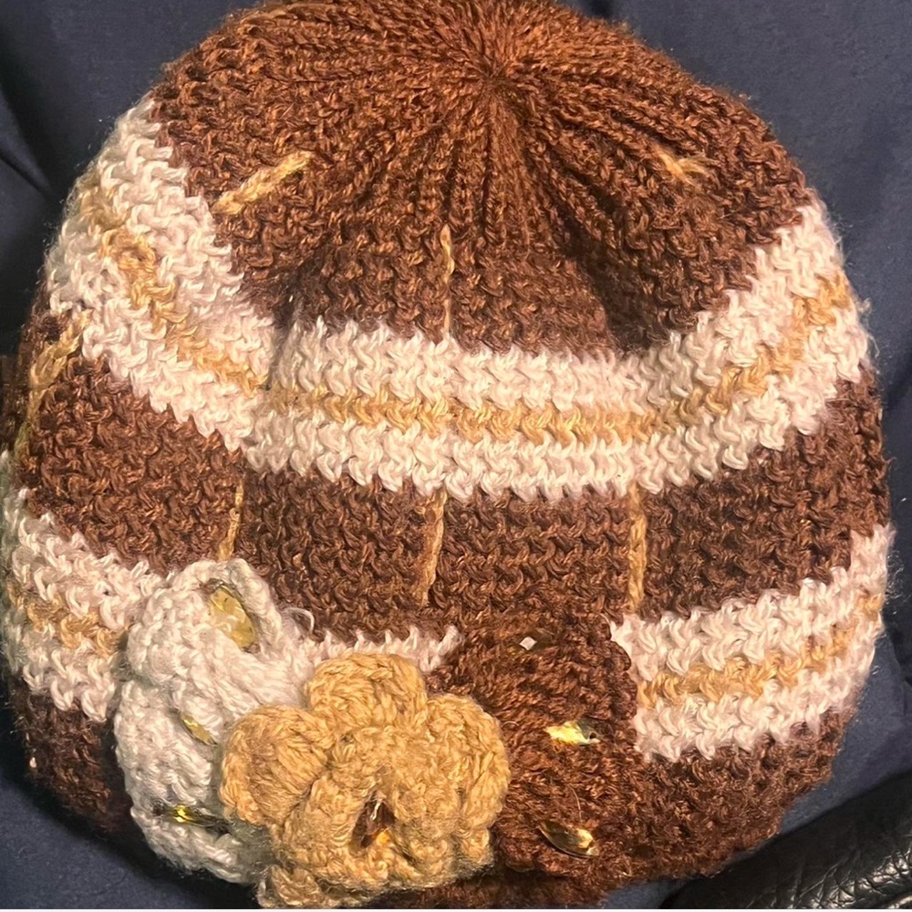 Brown and Cream Knit Beanie with Flower Accent